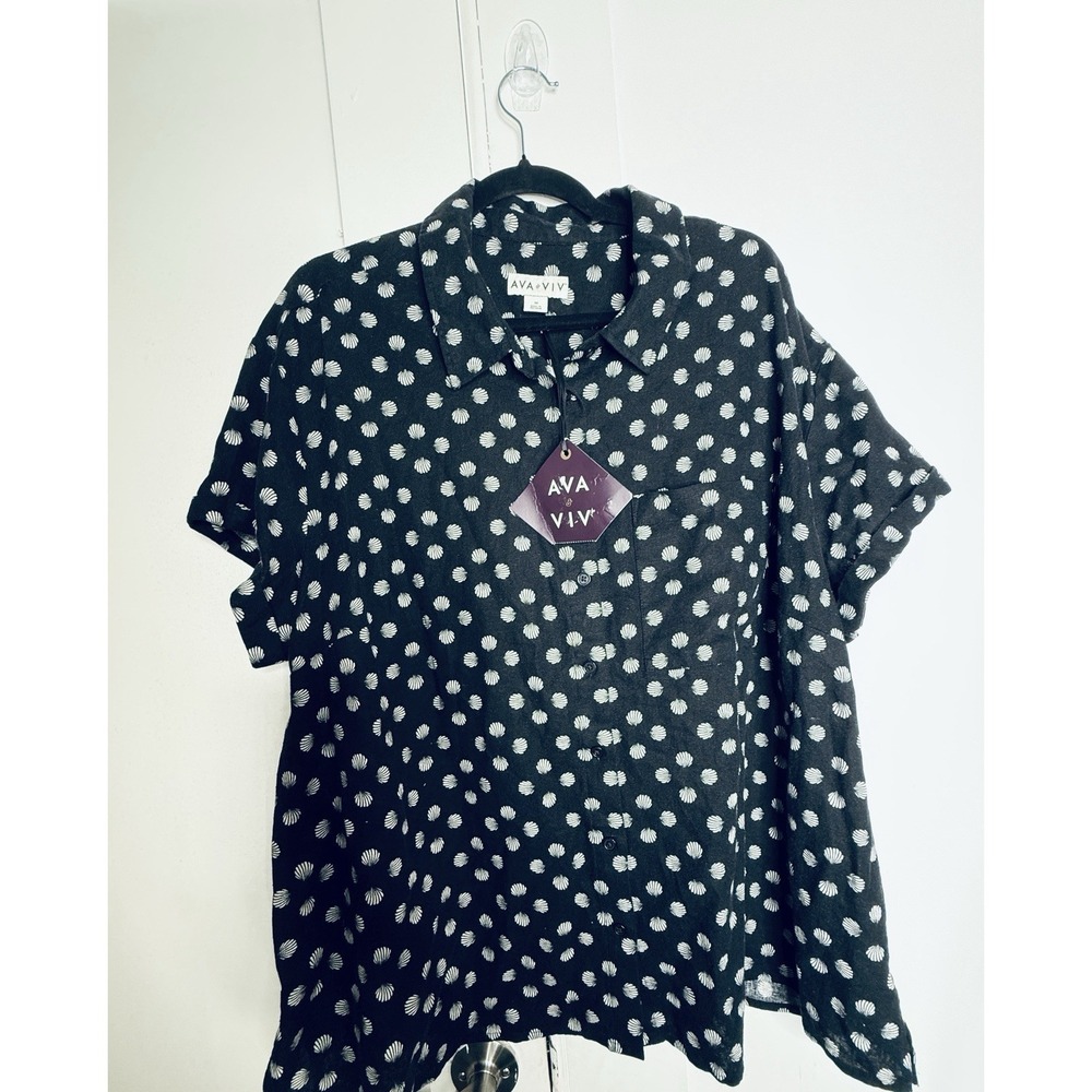 Ava & Viv 1X Black White Seashell Print Button Front Shirt Linen Blend NWT